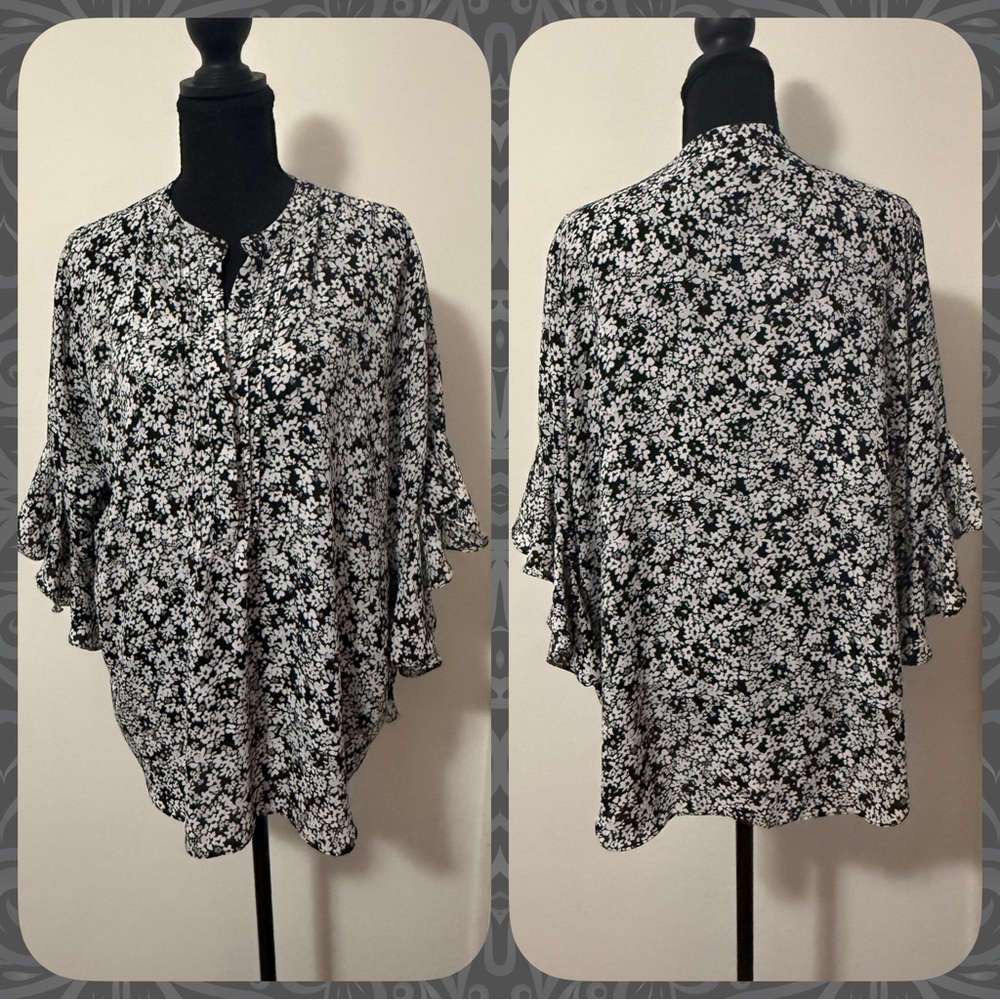 Vince Camuto Women’s Black and White Floral 3/4 Flutter Sleeve Blouse-Sz Large